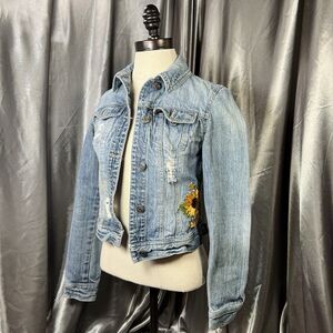Mudd Sunflower Patch Jean Jacket Juniors XS Blue Denim Cropped Button Up Pockets